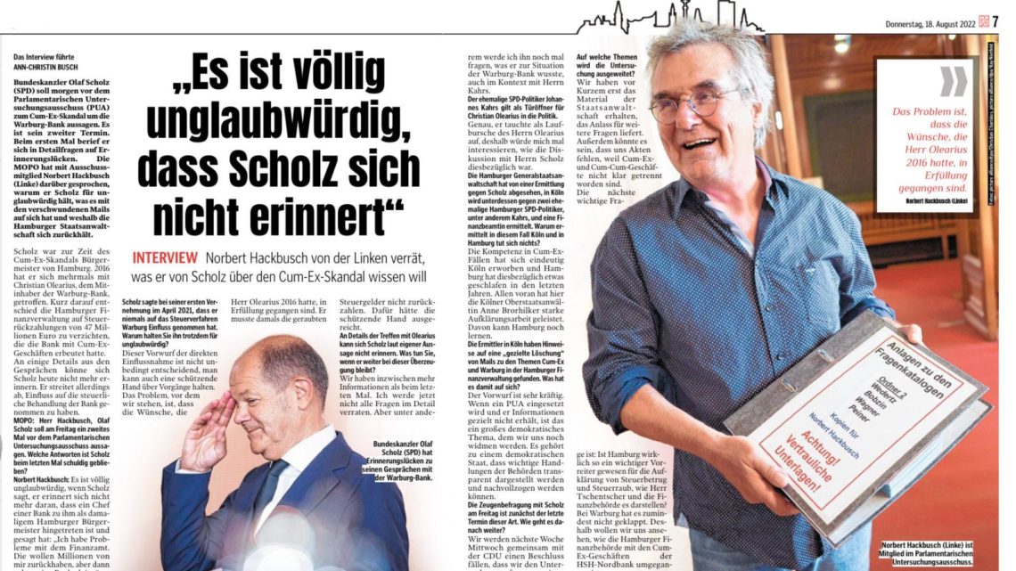 Ausschnitt aus der "Hamburger Morgenpost" mit einem Interview mit Norbert Hackbusch über die Aufklärung des CumEx-Skandals.