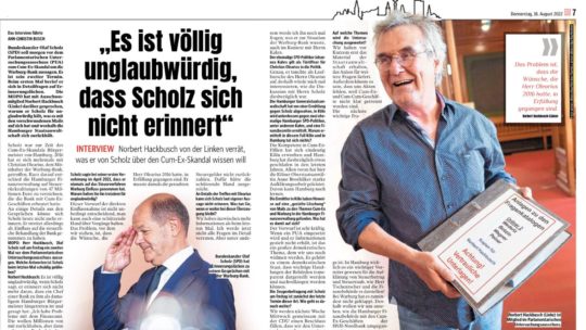 Ausschnitt aus der "Hamburger Morgenpost" mit einem Interview mit Norbert Hackbusch über die Aufklärung des CumEx-Skandals.